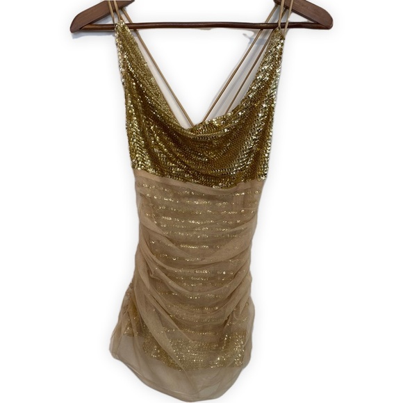 Gold fully Sequined Mesh Tank Top with Spaghetti Straps Drape Neckline • Size XS - Picture 8 of 8